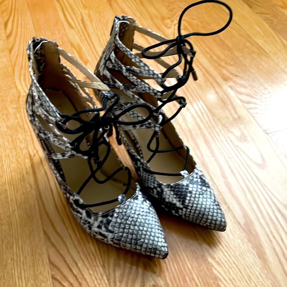 Material Girl snake print heels